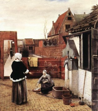 Mujer y doncella en un patio género Pieter de Hooch Pinturas al óleo